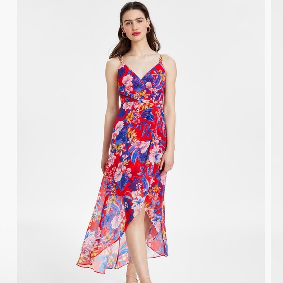 SIENA SLEEVELESS RED BLUE PINK & GOLD FLORAL HI LOW FAUX WRAP MAXI  DRESS SZ 4 - Picture 1 of 10